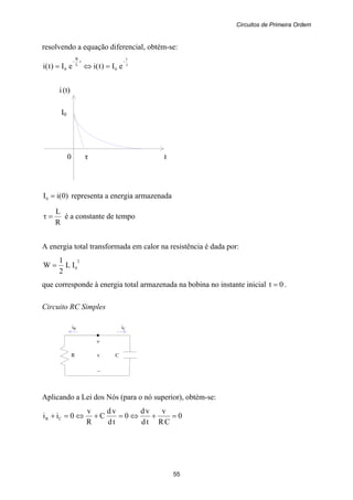 Circuitos de Primeira Ordem
55
+
R v C
–
iCiR
resolvendo a equação diferencial, obtém-se:
τ
−−
=⇔=
t
0
t
L
R
0 eI)t(ieI)t(i
i(t)
I0
0 τ t
)0(iI0 = representa a energia armazenada
R
L
=τ é a constante de tempo
A energia total transformada em calor na resistência é dada por:
2
0IL
2
1
W =
que corresponde à energia total armazenada na bobina no instante inicial 0t = .
Circuito RC Simples
Aplicando a Lei dos Nós (para o nó superior), obtém-se:
0
CR
v
td
vd
0
td
vd
C
R
v
0ii CR =+⇔=+⇔=+
 