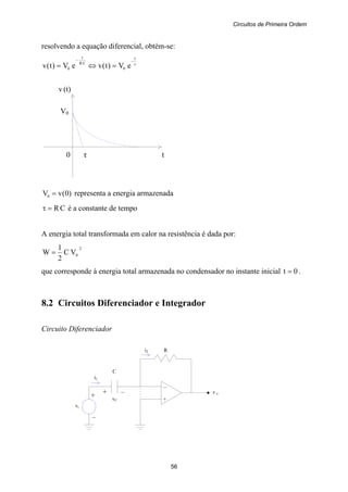 Circuitos de Primeira Ordem
56
–
+
v o
+
vi
–
i2 R
C
i1
+ –
vC
resolvendo a equação diferencial, obtém-se:
τ
−−
=⇔=
t
0
CR
t
0 eV)t(veV)t(v
v (t)
V0
0 τ t
)0(vV0 = representa a energia armazenada
CR=τ é a constante de tempo
A energia total transformada em calor na resistência é dada por:
2
0VC
2
1
W =
que corresponde à energia total armazenada no condensador no instante inicial 0t = .
8.2 Circuitos Diferenciador e Integrador
Circuito Diferenciador
 