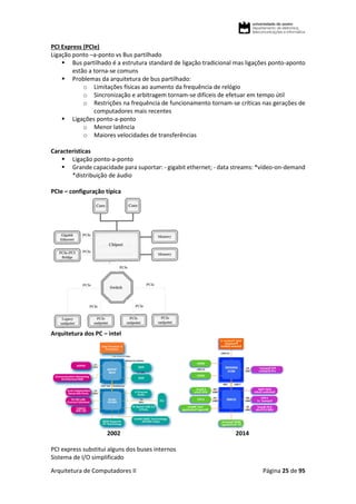Arquitetura de Computadores II Página 25 de 95
PCI Express (PCIe)
Ligação ponto –a-ponto vs Bus partilhado
 Bus partilhado é a estrutura standard de ligação tradicional mas ligações ponto-aponto
estão a torna-se comuns
 Problemas da arquitetura de bus partilhado:
o Limitações físicas ao aumento da frequência de relógio
o Sincronização e arbitragem tornam-se difíceis de efetuar em tempo útil
o Restrições na frequência de funcionamento tornam-se críticas nas gerações de
computadores mais recentes
 Ligações ponto-a-ponto
o Menor latência
o Maiores velocidades de transferências
Características
 Ligação ponto-a-ponto
 Grande capacidade para suportar: - gigabit ethernet; - data streams: *vídeo-on-demand
*distribuição de áudio
PCIe – configuração típica
Arquitetura dos PC – intel
2002 2014
PCI express substitui alguns dos buses internos
Sistema de I/O simplificado
 