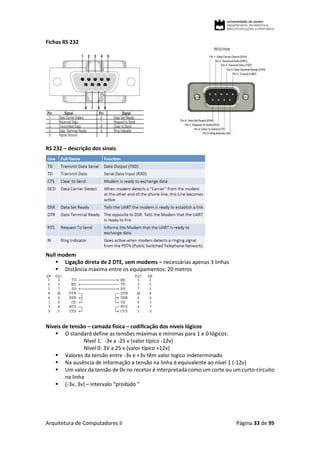 Arquitetura de Computadores II Página 33 de 95
Fichas RS 232
RS 232 – descrição dos sinais
Null modem
 Ligação direta de 2 DTE, sem modems – necessárias apenas 3 linhas
 Distância máxima entre os equipamentos: 20 metros
Níveis de tensão – camada física – codificação dos níveis lógicos
 O standard define as tensões máximas e mínimas para 1 e 0 lógicos:
Nível 1: -3v a -25 v (valor típico -12v)
Nível 0: 3V a 25 v (valor típico +12v)
 Valores da tensão entre -3v e +3v têm valor logico indeterminado
 Na ausência de informação a tensão na linha é equivalente ao nível 1 (-12v)
 Um valor da tensão de 0v no recetor é interpretada como um corte ou um curto-circuito
na linha
 [-3v, 3v] – intervalo “proibido ”
 