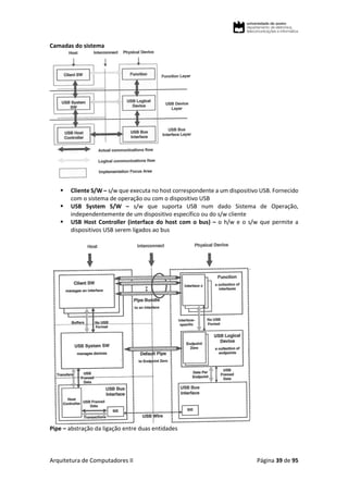 Arquitetura de Computadores II Página 39 de 95
Camadas do sistema
 Cliente S/W – s/w que executa no host correspondente a um dispositivo USB. Fornecido
com o sistema de operação ou com o dispositivo USB
 USB System S/W – s/w que suporta USB num dado Sistema de Operação,
independentemente de um dispositivo específico ou do s/w cliente
 USB Host Controller (interface do host com o bus) – o h/w e o s/w que permite a
dispositivos USB serem ligados ao bus
Pipe – abstração da ligação entre duas entidades
 