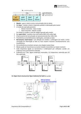 Arquitetura de Computadores II Página 45 de 95
 Master – gera o clock e inicia a comunicação com os slaves
 Nó slave – recebe o clock e responde quando é endereçado pelo master
 2 modos de operação possíveis:
o Master transmite – Slave recebe
o Slave transmite – Master recebe
Em ambos os modos o sinal de relógio é gerado pelo master
 Bus open-drain – quando o bus está inativo SDA e SCL estão high
 O barramento de comunicação só necessita de dois fios: DAS e SCL
 Transferência serie bidirecional, half-duplex, orientada ao byte.
 Barramento multi-master: com deteção de colisões e arbitragem de modo a evitar
corrupção de informação se dois ou mais masters iniciarem simultaneamente uma
transferência.
 As transferências envolvem sempre uma relação master/slave
 Master pode ser transmissor ou recetor (master-transmitter ou master-receiver)
 Cada dispositivo ligado ao barramento é endereçável por softwaew usando um
endereço único previamente atribuído
 Endereços de 7 bits: alguns endereços reservados, 112 disponíveis; extensão para 10
bits suportada
I2C: Open Drain structure (or Open Collector) for both SCL and SDA
 