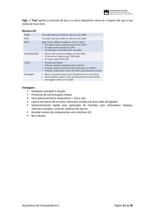Arquitetura de Computadores II Página 51 de 95
high, o “low” ganha o controle do bus e o outro dispositivo retira-se e espera até que o bus
esteja de novo livre.
Resumo I2C
Vantagens
 Hardware standard e simples
 Protocolo de comunicação simples
 Fácil adicionar/retirar dispositivos – h/w e s/w
 Layout em placas de circuitos impressos simples (só duas vidas de ligação)
 Suficientemente rápido para aplicações de interface com utilizadores: displays,
switches, teclados, controle, sistemas de alarme
 Grande número de componentes com interface I2C
 Bus robusto
 