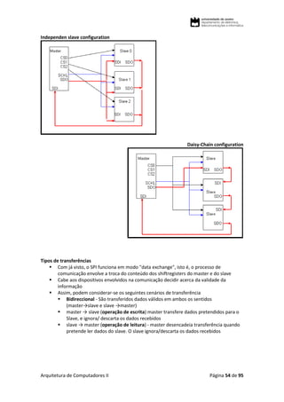 Arquitetura de Computadores II Página 54 de 95
Independen slave configuration
Daisy-Chain configuration
Tipos de transferências
 Com já visto, o SPI funciona em modo "data exchange", isto é, o processo de
comunicação envolve a troca do conteúdo dos shiftregisters do master e do slave
 Cabe aos dispositivos envolvidos na comunicação decidir acerca da validade da
informação
 Assim, podem considerar-se os seguintes cenários de transferência
 Bidireccional - São transferidos dados válidos em ambos os sentidos
(master→slave e slave →master)
 master → slave (operação de escrita) master transfere dados pretendidos para o
Slave, e ignora/ descarta os dados recebidos
 slave → master (operação de leitura) - master desencadeia transferência quando
pretende ler dados do slave. O slave ignora/descarta os dados recebidos
 
