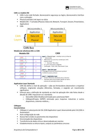 Arquitetura de Computadores II Página 60 de 95
CAN e o modelo OSI
 CAN é uma rede fechada: desnecessário segurança ou logins; desnecessário interface
com o utilizador;
 Physical and Data Link layers no silício
 Modelo OSI – 7 camadas (Physical, Data Link, Network, Transport, Session, Presentation,
Application)
 CAN:
Modelo de referência OSI e o CAN
Application Layer Stantards
 CAN não define o nível de aplicação – cabe aos fornecedores desenvolver o respetivo
software, originando soluções diferentes, fechadas, e exigindo um investimento
significativo
 Esforços para a definição de standards ao nível da aplicação têm sido feitos desde a
década de 1990. Impuseram-se 2 standards:
o DeviceNet (Allen Bradley) otimizado para automacao fabril
o CANopen(Projeto ESPRIT) otimizado para maquinas industriais e outros
dispositivos, sistemas médicos,…
CANopen
Características
 CANopen é subconjunto de CAL (CAN Application Layer) desenvolvido pela CiA (CAN in
Automation)
 Auto configuração da rede
 Acesso fácil a todos os paramentos dos dispositivos
 Sincronização dos dispositivos
 Transferência de dados cíclica e desencadeada por eventos
 Estabelecimento ou leitura inputs, outputs ou parâmetros sincrona
 
