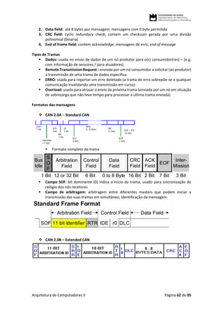 Arquitetura de Computadores II Página 62 de 95
2. Data field: até 8 bytes por mensagem; mensagens com 0 byte permitida
3. CRC field: cyclic redundacy check; contem um checksum gerada por uma divisão
polinomial (binaria)
4. End of frame field: contem acknowledge, mensagens de erro, end of message
Tipos de Tramas
 Dados: usada no envio de dados de um nó produtor para o(s) consumidor(res) – (e.g.
com informação de sensores / para atuadores)
 Remote Transmission Request : enviada por um nó consumidor a solicitar (ao produtor)
a transmissão de uma trama de dados específica
 ERRO: usada para reportar um erro detetado (a trama de erro sobrepõe-se a qualquer
comunicação invalidando uma transmissão em curso)
 Overload: usada para atrasar o envio da próxima trama (enviada por um nó em situação
de sobrecarga que não teve tempo para processar a ultima trama enviada)
Formatos das mensagens
 CAN 2.0A – Standard CAN
 Formato completo da trama
 Campo SOF: bit dominante (0) indica o início da trama; usado para sincronização do
relógio dos nós recetores
 Campo de arbitragem: arbitragem entre diferentes masters que podem iniciar a
transmissão das suas tramas em simultâneo; identificação da mensagem
 CAN 2.0B – Extended CAN
 