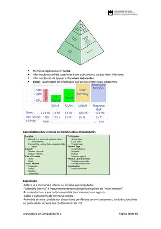 Arquitetura de Computadores II Página 70 de 95
 Memoria organizada em níveis
 Informação nos níveis superiores é um subconjunto da dos níveis inferiores
 Informação circula apenas entre níveis adjacentes
 Bloco – quantidade de informação que circula entre níveis adjacentes
Caraterísticas dos sistemas de memória dos computadores
Localização
-Refere se a memória é interna ou externa ao computador
-“Memória interna” é frequentemente tomado como sinonimo de “main memory”
-Processador tem a sua própria memória local memory – os registos
-Cache é outra forma de memória interna
-Memória externa consiste nos dispositivos periféricos de armazenamento de dados acessíveis
ao processador através dos controladores de I/O
 