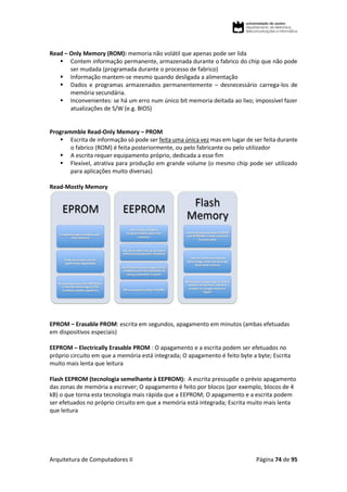 Arquitetura de Computadores II Página 74 de 95
Read – Only Memory (ROM): memoria não volátil que apenas pode ser lida
 Contem informação permanente, armazenada durante o fabrico do chip que não pode
ser mudada (programada durante o processo de fabrico)
 Informação mantem-se mesmo quando desligada a alimentação
 Dados e programas armazenados permanentemente – desnecessário carrega-los de
memória secundária.
 Inconvenientes: se há um erro num único bit memoria deitada ao lixo; impossível fazer
atualizações de S/W (e.g. BIOS)
Programmble Read-Only Memory – PROM
 Escrita de informação só pode ser feita uma única vez mas em lugar de ser feita durante
o fabrico (ROM) é feita posteriormente, ou pelo fabricante ou pelo utilizador
 A escrita requer equipamento próprio, dedicada a esse fim
 Flexível, atrativa para produção em grande volume (o mesmo chip pode ser utilizado
para aplicações muito diversas)
Read-Mostly Memory
EPROM – Erasable PROM: escrita em segundos, apagamento em minutos (ambas efetuadas
em dispositivos especiais)
EEPROM – Electrically Erasable PROM : O apagamento e a escrita podem ser efetuados no
próprio circuito em que a memória está integrada; O apagamento é feito byte a byte; Escrita
muito mais lenta que leitura
Flash EEPROM (tecnologia semelhante à EEPROM): A escrita pressupõe o prévio apagamento
das zonas de memória a escrever; O apagamento é feito por blocos (por exemplo, blocos de 4
kB) o que torna esta tecnologia mais rápida que a EEPROM; O apagamento e a escrita podem
ser efetuados no próprio circuito em que a memória está integrada; Escrita muito mais lenta
que leitura
 