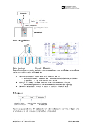 Arquitetura de Computadores II Página 88 de 95
Direct – Mapped Cache
Cache 8 posições Memoria – 32 posições
Duas informações necessárias: qualquer o bloco mapeado em cada posição tag; se posição da
cache contem informação valida valid bit
 O endereço do bloco é obtido, a partir do endereço real, por:
o Endereço do bloco = endereço real / dimensão do bloco ( Endereço do bloco =
[tag group], i.e. "tag" concatenado com "group" )
 A posição da cache (i.e. a linha) associada a um dado endereço é dada por:
o Pos = endereço do bloco % número de blocos da cache (pos = group)
 O tamanho do bloco e o número de blocos da cache são potências de 2
Endereçagem
Assume-se que a cada linha (bloco) da cache tem a dimensão de uma word (i.e. w=2 para uma
arquitetura de 32-bits em que a memoria é byte addressable)
 