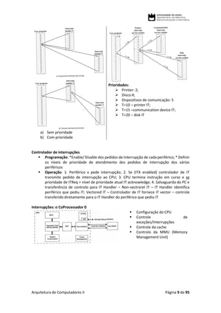 Arquitetura de Computadores II Página 9 de 95
Prioridades:
 Printer: 2;
 Disco:4;
 Dispositivos de comunicação: 5
 T=10 – printer IT;
 T=15 –communication device IT;
 T=20 – disk IT
a) Sem prioridade
b) Com prioridade
Controlador de interrupções
 Programação: *Enable/ Disable dos pedidos de interrupção de cada periférico; * Definir
os níveis de prioridade de atendimento dos pedidos de interrupção dos vários
periféricos
 Operação: 1. Periférico x pede interrupção; 2. Se (ITX enabled) controlador de IT
transmite pedido de interrupção ao CPU; 3. CPU termina instrução em curso e se
prioridade de ITReq > nível de prioridade atual IT acknowledge; 4. Salvaguarda do PC e
transferência de controlo para IT Handler – Non-vectrorel IT – IT Handler identifica
periférico que pediu IT; Vectored IT – Controlador de IT fornece IT vector – controle
transferido diretamente para o IT Handler do periférico que pediu IT
Interrupções: o CoProcessador 0
 Configuração do CPU
 Controle de
exceções/Interrupções
 Controle da cache
 Controlo da MMU (Memory
Management Unit)
 