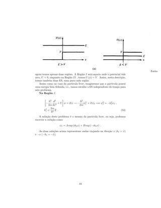 Então
agora temos apenas duas regiões. A Região I será aquela onde o potencial vale
zero, U = 0, enquanto na Região II , temos U (x) = V . Assim, nesta descrição,
temos também duas ES, uma para cada região.
Assim como no caso da partícula livre, imaginemos que a partícula possui
uma energia bem de…nida, i.e., vamos estudar a ES independente do tempo para
este problema.
Na Região I:
~2
2m
d2
dx2
+ U = E !
~2
2m
00
I = E I =) 00
I = k2
1 I ;
k2
1 =
2m
~2
E : (53)
A solução deste problema é o mesmo da partícula livre, ou seja, podemos
escrever a solução como:
I = A exp (ikIx) + B exp ( ikIx) :
As duas soluções acima representam ondas viajando na direção x (kI = ^x)
e x ( kI = ^x).
44
 