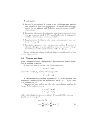 Recapitulando:
1. Partimos de um conjunto de objetos (setas) e de…nimos neste conjunto
uma operação de soma entre os elementos e a multiplicação destes ele-
mentos por um número real. De…nimos assim um espaço vetorial V
sobre os reais.
2. Em seguida selecionamos dois elementos ortogonais deste conjunto (duas
setas que formam um ângulo de 90o
) e normalizados (setas de comprimento
unitário) e formamos uma base ortonormal f^eig.
3. Passamos então a identi…car as setas com as suas componentes nesta base
~v 2 V : ~v ! fv1; v2g.
4. Em seguida organizamos estas componentes em matrizes. E passamos a
não mais olhar para o espaço original das setas, mas sim para o espaço
das matrizes associadas a cada elemento ~v 2 V : ~v ! fv1; v2g ! v.
Dizemos com isso que estamos escolhendo uma representação matricial para
o nosso espaço vetorial.
9.3 Mudança de base
Como vimos anteriormente, a forma explicita das componentes do vetor depen-
dem de qual base escolhemos.
Se numa certa base f^e1; ^e2g um vetor ~v tem componentes
~v = v1^e1 + v2^e2
numa outra base f^e0
1; ^e0
2g ele terá outras componentes
~v = v0
1^e0
1 + v0
2^e0
2
Se você escolher uma certa base ortonormal f^e1; ^e2g, como comparar suas
quantidades com os de alguém que ecolheu outra base f^e0
1; ^e0
2g? Ou seja, como
vi se relaciona com v0
i?
Para saber isso basta lembrar que todos estes vetores formam uma base do
espaço. Assim, podemos escrever
^e1 = a11^e0
1 + a12^e0
2
^e2 = a21^e0
1 + a22^e0
2
onde, pela de…nição dos nossos coe…cientes de expansão (65), temos a11 =
(^e1; ^e0
1), ou, de forma geral
aij = ^ei; ^e0
j :
^ei =
2X
j=1
aij ^e0
j =
2X
j=1
^ei; ^e0
j ^e0
j (70)
75
 