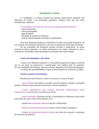 Inundações e Cheias

        As inundações e as cheias resultam das mesmas características genéticas. São
diferentes em escala e em localização geográfica. Ocupam áreas que não estão,
normalmente, submersas.

       As inundações e as cheias são um excesso de água que pode resultar de:
       - chuvas torrenciais;
       - chuvas prolongadas;
       - água de degelo;
       - libertação de caudais de barragens;
       - origem marinha (quando associadas a tempestades).

       Estes dois fenómenos podem ser exporádicos ou terem uma grande frequência. Na
sua essência, são raramente catastróficos, mas são-no quando provocam danos materiais.
       Na sua concepção, são fenómenos naturais extremos e temporários. As cheias
ocorrem de forma repentina e os efeitos prolongam-se no tempo, sobretudo os sócio-
económicos. Há tembém efeitos psicológicos que podem durar muito tempo.


       Causas das inundações e das cheias

      A cheia é um fenómeno repentino e é uma subida progressiva da água no leito de
um rio, que pode ser progressivo e monitorizado, mas também pode ser repentina.
Provoca inundações das margens, das áreas urbanas, destruição de sistemas de drenagem.
      As cheias são responsabilidade e regem-se pela dinâmica do sistema (rio, cidade).

       Factores na génese do fenómeno

       Resultam de vários factores, o único em comum é o excesso de água.

       − chuvas intensas associadas a trovoadas, ciclones tropicais, monções, originando
grandes volumes de água que provocam cheias e chuvas repentinas.

      − bacias impermeáveis com vertentes declivosas, desflorestação, rochas
impermeáveis, o que favorece a ocorrência de cheias.

        − canais assoreados, obstruídos devido à acumulação de sedimentos, provocados
pela erosão dos solos, obras mal realizadas, lixos.

       − aumento do escoamento superficial devido à urbanização.

       − folhas nas estruturas de protecção contra as cheias (diques, barragens).

        − redução do tamanho das planícies fluviais por obras de correcção e construção
de estruturas nas planícies.
 