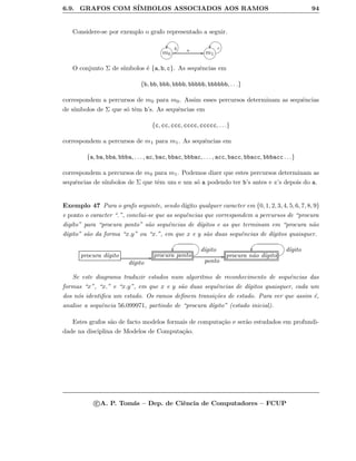 6.9. GRAFOS COM S´IMBOLOS ASSOCIADOS AOS RAMOS 94
Considere-se por exemplo o grafo representado a seguir.
m0GFED@ABCBCEDb
GF
a GG m1GFED@ABCBCEDcGF
O conjunto Σ de s´ımbolos ´e {a, b, c}. As sequˆencias em
{b, bb, bbb, bbbb, bbbbb, bbbbbb, . . .}
correspondem a percursos de m0 para m0. Assim esses percursos determinam as sequˆencias
de s´ımbolos de Σ que s´o tˆem b’s. As sequˆencias em
{c, cc, ccc, cccc, ccccc, . . .}
correspondem a percursos de m1 para m1. As sequˆencias em
{a, ba, bba, bbba, . . . , ac, bac, bbac, bbbac, . . . , acc, bacc, bbacc, bbbacc . . .}
correspondem a percursos de m0 para m1. Podemos dizer que estes percursos determinam as
sequˆencias de s´ımbolos de Σ que tˆem um e um s´o a podendo ter b’s antes e c’s depois do a.
Exemplo 47 Para o grafo seguinte, sendo d´ıgito qualquer caracter em {0, 1, 2, 3, 4, 5, 6, 7, 8, 9}
e ponto o caracter “.”, conclui-se que as sequˆencias que correspondem a percursos de “procura
dig´ıto” para “procura ponto” s˜ao sequˆencias de d´ıgitos e as que terminam em “procura n˜ao
d´ıgito” s˜ao da forma “x.y” ou “x.”, em que x e y s˜ao duas sequˆencias de d´ıgitos quaisquer.
procura d´ıgito
d´ıgito
GG procura ponto
BCED d´ıgitoGF
ponto
GG procura n˜ao d´ıgito
BCED d´ıgitoGF
Se este diagrama traduzir estados num algoritmo de reconhecimento de sequˆencias das
formas “x”, “x.” e “x.y”, em que x e y s˜ao duas sequˆencias de d´ıgitos quaisquer, cada um
dos n´os identiﬁca um estado. Os ramos deﬁnem transi¸c˜oes de estado. Para ver que assim ´e,
analise a sequˆencia 56.099971, partindo de “procura d´ıgito” (estado inicial).
Estes grafos s˜ao de facto modelos formais de computa¸c˜ao e ser˜ao estudados em profundi-
dade na disciplina de Modelos de Computa¸c˜ao.
c A. P. Tom´as – Dep. de Ciˆencia de Computadores – FCUP
 