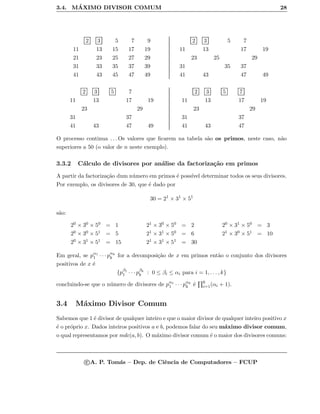 3.4. M´AXIMO DIVISOR COMUM 28
2 3 5 7 9
11 13 15 17 19
21 23 25 27 29
31 33 35 37 39
41 43 45 47 49
2 3 5 7
11 13 17 19
23 25 29
31 35 37
41 43 47 49
2 3 5 7
11 13 17 19
23 29
31 37
41 43 47 49
2 3 5 7
11 13 17 19
23 29
31 37
41 43 47
O processo continua . . . Os valores que ﬁcarem na tabela s˜ao os primos, neste caso, n˜ao
superiores a 50 (o valor de n neste exemplo).
3.3.2 C´alculo de divisores por an´alise da factoriza¸c˜ao em primos
A partir da factoriza¸c˜ao dum n´umero em primos ´e poss´ıvel determinar todos os seus divisores.
Por exemplo, os divisores de 30, que ´e dado por
30 = 21
× 31
× 51
s˜ao:
20 × 30 × 50 = 1 21 × 30 × 50 = 2 20 × 31 × 50 = 3
20 × 30 × 51 = 5 21 × 31 × 50 = 6 21 × 30 × 51 = 10
20 × 31 × 51 = 15 21 × 31 × 51 = 30
Em geral, se pα1
1 · · · pαk
k for a decomposi¸c˜ao de x em primos ent˜ao o conjunto dos divisores
positivos de x ´e
{pβ1
1 · · · pβk
k : 0 ≤ βi ≤ αi para i = 1, . . . , k}
concluindo-se que o n´umero de divisores de pα1
1 · · · pαk
k ´e k
i=1(αi + 1).
3.4 M´aximo Divisor Comum
Sabemos que 1 ´e divisor de qualquer inteiro e que o maior divisor de qualquer inteiro positivo x
´e o pr´oprio x. Dados inteiros positivos a e b, podemos falar do seu m´aximo divisor comum,
o qual representamos por mdc(a, b). O m´aximo divisor comum ´e o maior dos divisores comuns:
c A. P. Tom´as – Dep. de Ciˆencia de Computadores – FCUP
 