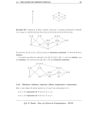 5.4. RELAC¸ ˜OES DE ORDEM PARCIAL 59
16
8
4
2
1
30
oooooo
€€€€€€
6
yyyyyy 10
oooooo
€€€€€€ 15
nnnnnn
2
yyyyyy 3 5
nnnnnnn
1
Exemplo 38 O diagrama de Hasse seguinte representa o conjunto parcialmente ordenado
(A, ⊆) para A = {∅, {1}, {2}, {3}, {4}, {1, 2}, {1, 3}, {2, 3}, {2, 4}, {3, 4}, {2, 3, 4}}.
{1, 2}
bbbbbbbbbbbb
{1, 3}
bbbbbbbbbbbb
ÐÐÐÐÐÐÐÐÐÐÐÐ
{2, 3, 4}
nnnnnnn
€€€€€€€
{2, 3}
ooooooo
{3, 4}
nnnnnnnn
{2, 4}
ddddddddddddddddddddddddddddddd
nnnnnnnn
{1}
‡‡‡‡‡‡‡‡‡‡‡‡‡‡‡‡‡‡‡‡ {2}
yyyyyyyyy {3} {4}
mmmmmmmmmm
∅
Os elementos {1, 2}, {1, 3} e {2, 3, 4} dizem-se elementos maximais. O elemento ∅ diz-se
m´ınimo.
O conjunto parcialmente ordenado ( (A ∪ {{1, 2, 3, 4}})  {∅}, ⊆ ) n˜ao tem m´ınimo, mas
tem m´aximo. Os elementos {1}, {2}, {3} e {4} s˜ao elementos minimais.
{1, 2, 3, 4}
ˆˆˆˆˆˆˆˆˆˆˆˆˆˆˆˆˆ
mmmmmmm
{1, 2}
ggggggggggggg
{1, 3}
ggggggggggggg
{{{{{{{{{{{{{
{2, 3, 4}
nnnnnnn
€€€€€€€
{2, 3}
mmmmmmmmm
{3, 4}
nnnnnnnn
{2, 4}
dddddddddddddddddddddddddddddddddd
nnnnnnnn
{1} {2} {3} {4}
5.4.2 M´aximos, m´ınimos, supremo, ´ınﬁmo, majorantes e minorantes
Seja uma rela¸c˜ao de ordem parcial em A e seja S um subconjunto de A:
• m ∈ A ´e majorante de S sse ∀a ∈ S a m;
• m ∈ A ´e minorante de S sse ∀a ∈ S m a
c A. P. Tom´as – Dep. de Ciˆencia de Computadores – FCUP
 