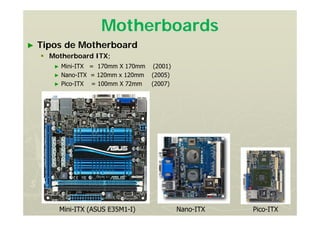 Motherboards
► Tipos de Motherboard
 Motherboard ITX;
► Mini-ITX = 170mm X 170mm (2001)
► Nano-ITX = 120mm x 120mm (2005)
► Pico-ITX = 100mm X 72mm (2007)
Mini-ITX (ASUS E35M1-I) Nano-ITX Pico-ITX
 