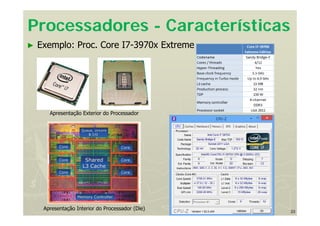 23
Processadores - Características
► Exemplo: Proc. Core I7-3970x Extreme
Apresentação Exterior do Processador
Apresentação Interior do Processador (Die)
 