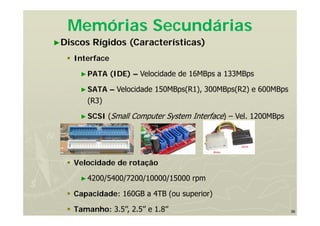 36
Memórias Secundárias
►Discos Rígidos (Características)
 Interface
►PATA (IDE) – Velocidade de 16MBps a 133MBps
►SATA – Velocidade 150MBps(R1), 300MBps(R2) e 600MBps
(R3)
►SCSI (Small Computer System Interface) – Vel. 1200MBps
 Velocidade de rotação
►4200/5400/7200/10000/15000 rpm
 Capacidade: 160GB a 4TB (ou superior)
 Tamanho: 3.5’’, 2.5’’ e 1.8’’
 