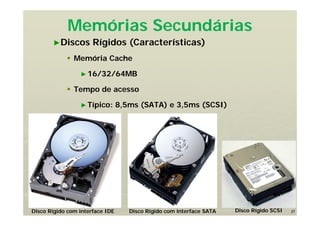 37
Memórias Secundárias
►Discos Rígidos (Características)
 Memória Cache
►16/32/64MB
 Tempo de acesso
►Típico: 8,5ms (SATA) e 3,5ms (SCSI)
Disco Rígido com interface IDE Disco Rígido com interface SATA Disco Rígido SCSI
 