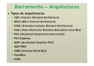41
Barramento – Arquiteturas
► Tipos de arquiteturas:
 ISA (Industry Standard Architecture)
 MCA (Micro Channel Architecture)
 EISA (Extended Industry Standard Architecture)
 VLB (Video Electronics Standard Association Local Bus)
 PCI (Peripheral Component Interconnect)
 PCI-Express
 AGP (Accelerated Graphics Port)
 AGP PRO
 USB (Universal Serial Bus)
 FireWire
 IrDA
 