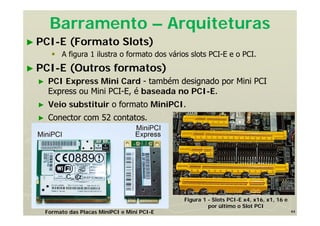 44
Barramento – Arquiteturas
► PCI-E (Formato Slots)
 A figura 1 ilustra o formato dos vários slots PCI-E e o PCI.
► PCI-E (Outros formatos)
► PCI Express Mini Card - também designado por Mini PCI
Express ou Mini PCI-E, é baseada no PCI-E.
► Veio substituir o formato MiniPCI.
► Conector com 52 contatos.
Figura 1 - Slots PCI-E x4, x16, x1, 16 e
por último o Slot PCI
Formato das Placas MiniPCI e Mini PCI-E
 