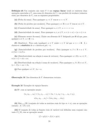 Deﬁni¸˜o 25 Um conjunto n˜o vazio V ´ um espa¸o linear (real) se existirem duas
       ca                      a            e          c
opera¸oes associadas a V , uma soma de elementos de V e um produto de escalares (n´ meros
      c˜                                                                          u
reais) por elementos de V , com as seguintes propriedades:

   (a) (Fecho da soma). Para quaisquer u, v ∈ V tem-se u + v ∈ V .

   (b) (Fecho do produto por escalares). Para quaisquer α ∈ R e u ∈ V tem-se αu ∈ V .

   (c) (Comutatividade da soma). Para quaisquer u, v ∈ V , u + v = v + u.

   (d) (Associatividade da soma). Para quaisquer u, v, w ∈ V , u + (v + w) = (u + v) + w.

   (e) (Elemento neutro da soma). Existe um elemento de V designado por 0 tal que, para
qualquer u ∈ V , u + 0 = u.

   (f ) (Sim´trico). Para cada (qualquer) u ∈ V existe v ∈ V tal que u + v = 0. A v
            e
chama-se o sim´trico de u e denota-se por −u.
                e

   (g) (Associatividade do produto por escalares). Para quaisquer α, β ∈ R e u ∈ V ,
α (βu) = (αβ) u.

    (h) (Distributividade em rela¸ao a soma de vectores). Para quaisquer α ∈ R e u, v ∈ V ,
                                 c˜ `
α (u + v) = αu + αv.

   (i) (Distributividade em rela¸ao a soma de escalares). Para quaisquer α, β ∈ R e u ∈ V ,
                                c˜ `
(α + β) u = αu + βu.

   (j) Para qualquer u ∈ V , 1u = u.



Observa¸˜o 16 Aos elementos de V chamaremos vectores.
       ca



Exemplo 21 Exemplos de espa¸os lineares:
                           c

   (i) Rn , com as opera¸oes usuais:
                        c˜

              (u1 , u2 , ..., un ) + (v1 , v2 , ..., vn ) = (u1 + v1 , u2 + v2 , ..., un + vn ),

                              α(u1 , u2 , ..., un ) = (αu1 , αu2 , ..., αun ).

   (ii) Matm×n (R) (conjunto de todas as matrizes reais do tipo m × n), com as opera¸oes
                                                                                    c˜
(usuais): A + B e αA.

   (iii) O conjunto de todas as fun¸oes reais de vari´vel real deﬁnidas num conjunto n˜o
                                   c˜                a                                a
vazio S ⊆ R, com as opera¸oes usuais:
                         c˜

                                      (f + g)(x) = f (x) + g(x),

                                                     24
 