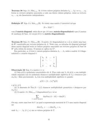 Teorema 38 Seja A ∈ Matn×n . Se A tiver valores pr´prios distintos λ1 , ..., λk e se u1 , ..., uk
                                                   o
forem os vectores pr´prios associados a cada um destes valores pr´prios, ent˜o os vectores
                        o                                        o            a
u1 , ..., uk s˜o linearmente independentes.
              a



Deﬁni¸˜o 37 Seja A ∈ Matn×n (R). Se existir uma matriz S invert´ tal que
     ca                                                        ıvel

                                                D = SAS −1 ,

com D matriz diagonal, ent˜o diz-se que A ´ uma matriz diagonaliz´vel e que S (matriz
                            a             e                      a
de mudan¸a de base, ver sec¸ao 6.1) ´ a matriz diagonalizante.
        c                  c˜       e



Teorema 39 Seja A ∈ Matn×n (R). A matriz A ´ diagonaliz´vel se e s´ se existir uma base
                                                  e              a           o
     n
de R constitu´ por vectores pr´prios de A. Neste caso, as entradas da diagonal principal
               ıda                o
dessa matriz diagonal ser˜o os valores pr´prios associados aos vectores pr´prios da base de
                          a               o                                     o
Rn pela ordem da mesma. O mesmo se aplica em Cn .
    Em particular, se A tiver n valores pr´prios distintos λ1 , ..., λn ent˜o a matriz A ´ diago-
                                          o                                a             e
naliz´vel e a matriz diagonal ´:
     a                        e
                                                       
                                      λ1 0 ... 0
                                           .. ..      .
                                    
                                     0      .   . . . 
                                     . .               .
                                     ..    ..       0 
                                       0 ... 0 λn

Observa¸˜o 32 Seja A a matriz n × n.
          ca
    (1) Seja p(λ) o polin´mio caracter´
                         o            ıstico de A. Para cada raiz λ1 de p(λ), a sua multipli-
cidade enquanto raiz do polin´mio chama-se mutliplicidade alg´brica de λ1 e denota-se por
                              o                                 e
ma (λ1 ). Mais precisamente, λ0 tem tem multiplicidade alg´brica m quando
                                                           e

                                        p(λ) = (λ − λ1 )m q(λ)

e q(λ1 ) = 0.
         `
    (2) A dimens˜o de Nuc(A − λ1 I) chama-se multiplicidade geom´trica e designa-se por
                 a                                              e
mg (λ1 ).
    (3) A matriz A ∈ Matn×n ´ diagonaliz´vel se e s´ se
                            e           a          o

                                                dimNuc(A − λI) = dim(V ).
                           λ valores proprios

Ou seja, existe uma base de V na qual a representa¸ao matricial de T ´ uma matriz diagonal
                                                    c˜               e
sse
                               dim Eλ1 + · · · + dim Eλk = n,
onde λ1 , · · · , λk (k ≤ n) s˜o os valores pr´prios de T .
                              a               o



                                                     41
 