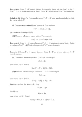 Teorema 64 Sejam U e V espa¸os lineares de dimens˜es ﬁnitas tais que dim U = dim V .
                             c                      o
Seja T : U → V uma transforma¸ao linear. Ent˜o, T ´ injectiva se e s´ se T ´ sobrejectiva.
                             c˜             a     e                 o      e



Deﬁni¸˜o 51 Sejam U e V espa¸os lineares e T : U → V uma transforma¸ao linear. Seja
       ca                   c                                      c˜
0 o vector nulo de V .


   (i) Chama-se contradom´
                         ınio ou imagem de T ao conjunto

                                  T (U ) = {T (u) : u ∈ U } ,

que tamb´m se denota por I(T ).
        e

   (ii) Chama-se n´cleo ou espa¸o nulo de T ao conjunto
                  u            c

                               Nuc(T ) = {u ∈ U : T (u) = 0} .

Teorema 65 Sejam U e V espa¸os lineares e T : U → V uma transforma¸ao linear. Ent˜o,
                                 c                                    c˜         a
os conjuntos Nuc(T ) e I(T ) s˜o subespa¸os de U e V respectivamente.
                              a         c



Exemplo 48 Sejam U e V espa¸os lineares. Sejam 0 e 0 os vectores nulos de U e V
                           c
respectivamente.

   (i) Considere a transforma¸ao nula O : U → V deﬁnida por
                             c˜

                                         O(u) = 0 ,

para todo o u ∈ U . Tem-se

                               Nuc(O) = U e I(O) = {0 } .

   (ii) Considere a transforma¸ao identidade I : U → U deﬁnida por
                              c˜

                                          I(u) = u,

para todo o u ∈ U . Tem-se
                                Nuc(I) = {0} e I(I) = U .

Exemplo 49 Seja A ∈ Matm×n (R). Seja

                                        T : Rn → R m

deﬁnida por
                                         T (u) = Au,
para todo o u ∈ Rn . Tem-se

                             Nuc(T ) = Nuc(A) e I(T ) = C(A).

                                              68
 