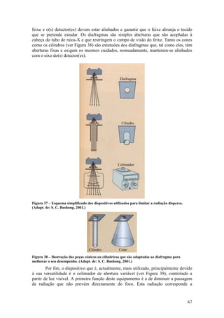 feixe e o(s) detector(es) devem estar alinhados e garantir que o feixe abranja o tecido
que se pretende estudar. Os diafragmas são simples aberturas que são acopladas à
cabeça do tubo de raios-X e que restringem o campo de visão do feixe. Tanto os cones
como os cilindros (ver Figura 38) são extensões dos diafragmas que, tal como eles, têm
aberturas fixas e exigem os mesmos cuidados, nomeadamente, manterem-se alinhados
com o eixo do(s) detector(es).




                                                      Diafragma




                                                       Cilindro




                                                     Colimador




Figura 37 – Esquema simplificado dos dispositivos utilizados para limitar a radiação dispersa.
(Adapt. de: S. C. Bushong, 2001.)




                                   Cilindro           Cone
Figura 38 – Ilustração das peças cónicas ou cilíndricas que são adaptadas ao diafragma para
melhorar o seu desempenho. (Adapt. de: S. C. Bushong, 2001.)
        Por fim, o dispositivo que é, actualmente, mais utilizado, principalmente devido
à sua versatilidade é o colimador de abertura variável (ver Figura 39), controlado a
partir de luz visível. A primeira função deste equipamento é a de diminuir a passagem
de radiação que não provém directamente do foco. Esta radiação corresponde a


                                                                                                 67
 