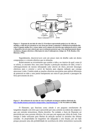 Figura 4 – Esquema de um tubo de raios-X. O invólucro apresentado poderá ser de vidro ou
metálico, o tubo deverá encontrar-se em vácuo por forma a aumentar a eficiência de produção dos
raios-X (quanto melhor for o vácuo, maior será o número de electrões que embatem no alvo) e todo
o dispositivo deverá estar coberto por um revestimento protector que evita simultaneamente danos
mecânicos, choques eléctricos e libertação de raios-X indesejáveis. (Adapt. de: W.R. Hendee, E.R.
Ritenour, 1992).


        Seguidamente, descrever-se-á com um pouco mais de detalhe cada um destes
componentes e o circuito eléctrico que os alimenta.
        Relativamente ao revestimento que contém o tubo e no interior do qual, como já
se referiu, se encontra óleo, tem como funções a protecção mecânica do tubo, evitar o
sobreaquecimento do mesmo (dissipando calor através do óleo), prevenir descargas
eléctricas para o exterior e servir de barreira para alguma radiação que consiga
atravessar o tubo. Contém ainda as junções eléctricas necessárias para aplicar diferenças
de potencial no tubo e uma janela transparente aos raios-X que permite a passagem do
feixe proveniente do alvo.




Figura 5 – Revestimento de um tubo de raios-X utilizado em imagens médicas (Retirado de:
http://health.siemens.com/med/rv/images/tubes_faqs/housing.jpg, a 4 de Novembro de 2008).


       O filamento, que funciona como cátodo é um pequeno enrolamento de
tungsténio dopado com tório que é percorrido por uma corrente na ordem dos amperes e
que, por emissão termoiónica, liberta electrões. Na verdade, o facto do filamento ser
percorrido por uma corrente eléctrica, faz com que este aqueça por efeito de Joule. Esta
energia é então suficiente para libertar da atracção nuclear os electrões das últimas
camadas. As propriedades do tungsténio são adequadas a esta função, por um lado
porque possuem uma alta probabilidade de ocorrência do efeito termoiónico (acrescida


                                                                                              47
 