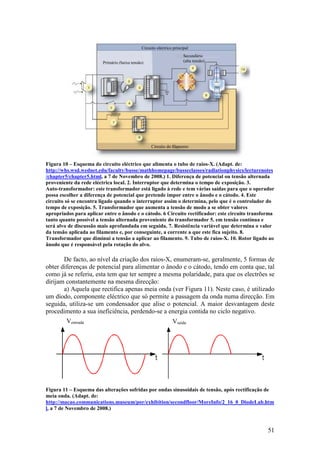 Circuito eléctrico principal
                                                                       Secundário
                        Primário (baixa tensão)                        (alta tensão)




                                                   Circuito do filamento



Figura 10 – Esquema do circuito eléctrico que alimenta o tubo de raios-X. (Adapt. de:
http://whs.wsd.wednet.edu/faculty/busse/mathhomepage/busseclasses/radiationphysics/lecturenotes
/chapter5/chapter5.html, a 7 de Novembro de 2008.) 1. Diferença de potencial ou tensão alternada
proveniente da rede eléctrica local. 2. Interruptor que determina o tempo de exposição. 3.
Auto-transformador: este transformador está ligado à rede e tem várias saídas para que o operador
possa escolher a diferença de potencial que pretende impor entre o ânodo e o cátodo. 4. Este
circuito só se encontra ligado quando o interruptor assim o determina, pelo que é o controlador do
tempo de exposição. 5. Transformador que aumenta a tensão de modo a se obter valores
apropriados para aplicar entre o ânodo e o cátodo. 6 Circuito rectificador: este circuito transforma
tanto quanto possível a tensão alternada proveniente do transformador 5. em tensão contínua e
será alvo de discussão mais aprofundada em seguida. 7. Resistência variável que determina o valor
da tensão aplicada ao filamento e, por conseguinte, a corrente a que este fica sujeito. 8.
Transformador que diminui a tensão a aplicar ao filamento. 9. Tubo de raios-X. 10. Rotor ligado ao
ânodo que é responsável pela rotação do alvo.

       De facto, ao nível da criação dos raios-X, enumeram-se, geralmente, 5 formas de
obter diferenças de potencial para alimentar o ânodo e o cátodo, tendo em conta que, tal
como já se referiu, esta tem que ter sempre a mesma polaridade, para que os electrões se
dirijam constantemente na mesma direcção:
       a) Aquela que rectifica apenas meia onda (ver Figura 11). Neste caso, é utilizado
um díodo, componente eléctrico que só permite a passagem da onda numa direcção. Em
seguida, utiliza-se um condensador que alise o potencial. A maior desvantagem deste
procedimento a sua ineficiência, perdendo-se a energia contida no ciclo negativo.
         Ventrada                                               Vsaída




Figura 11 – Esquema das alterações sofridas por ondas sinusoidais de tensão, após rectificação de
meia onda. (Adapt. de:
http://macao.communications.museum/por/exhibition/secondfloor/MoreInfo/2_16_0_DiodeLab.htm
l, a 7 de Novembro de 2008.)



                                                                                                 51
 