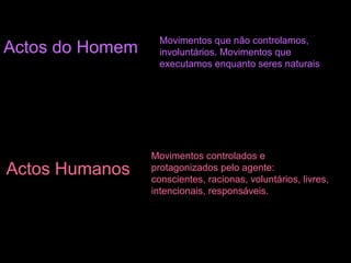 Actos do Homem
Actos Humanos
Movimentos que não controlamos,
involuntários. Movimentos que
executamos enquanto seres naturais
Movimentos controlados e
protagonizados pelo agente:
conscientes, racionas, voluntários, livres,
intencionais, responsáveis.
 