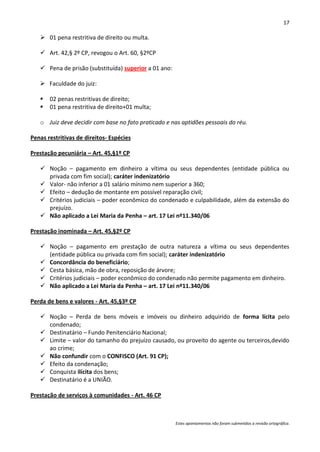 17

    01 pena restritiva de direito ou multa.

    Art. 42,§ 2º CP, revogou o Art. 60, §2ºCP

    Pena de prisão (substituída) superior a 01 ano:

    Faculdade do juiz:

      02 penas restritivas de direito;
      01 pena restritiva de direito+01 multa;

   o Juiz deve decidir com base no fato praticado e nas aptidões pessoais do réu.

Penas restritivas de direitos- Espécies

Prestação pecuniária – Art. 45,§1º CP

    Noção – pagamento em dinheiro a vítima ou seus dependentes (entidade pública ou
     privada com fim social); caráter indenizatório
    Valor- não inferior a 01 salário mínimo nem superior a 360;
    Efeito – dedução de montante em possível reparação civil;
    Critérios judiciais – poder econômico do condenado e culpabilidade, além da extensão do
     prejuízo.
    Não aplicado a Lei Maria da Penha – art. 17 Lei nº11.340/06

Prestação inominada – Art. 45,§2º CP

    Noção – pagamento em prestação de outra natureza a vítima ou seus dependentes
     (entidade pública ou privada com fim social); caráter indenizatório
    Concordância do beneficiário;
    Cesta básica, mão de obra, reposição de árvore;
    Critérios judiciais – poder econômico do condenado não permite pagamento em dinheiro.
    Não aplicado a Lei Maria da Penha – art. 17 Lei nº11.340/06

Perda de bens e valores - Art. 45,§3º CP

    Noção – Perda de bens móveis e imóveis ou dinheiro adquirido de forma lícita pelo
     condenado;
    Destinatário – Fundo Penitenciário Nacional;
    Limite – valor do tamanho do prejuízo causado, ou proveito do agente ou terceiros,devido
     ao crime;
    Não confundir com o CONFISCO (Art. 91 CP);
    Efeito da condenação;
    Conquista ilícita dos bens;
    Destinatário é a UNIÃO.

Prestação de serviços à comunidades - Art. 46 CP



                                                       Estes apontamentos não foram submetidos a revisão ortográfica.
 