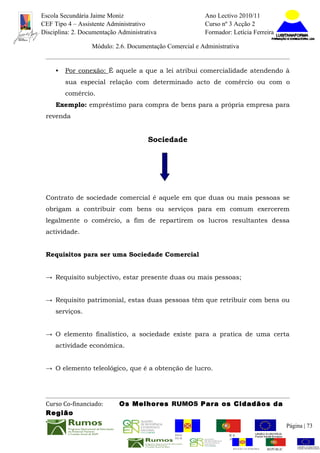 Escola Secundária Jaime Moniz                                    Ano Lectivo 2010/11
CEF Tipo 4 – Assistente Administrativo                           Curso nº 3 Acção 2
Disciplina: 2. Documentação Administrativa                       Formador: Letícia Ferreira

                  Módulo: 2.6. Documentação Comercial e Administrativa


     •   Por conexão: É aquele a que a lei atribui comercialidade atendendo à
         sua especial relação com determinado acto de comércio ou com o
         comércio.
     Exemplo: empréstimo para compra de bens para a própria empresa para
 revenda


                                      Sociedade




 Contrato de sociedade comercial é aquele em que duas ou mais pessoas se
 obrigam a contribuir com bens ou serviços para em comum exercerem
 legalmente o comércio, a fim de repartirem os lucros resultantes dessa
 actividade.


 Requisitos para ser uma Sociedade Comercial


 → Requisito subjectivo, estar presente duas ou mais pessoas;


 → Requisito patrimonial, estas duas pessoas têm que retribuir com bens ou
     serviços.


 → O elemento finalístico, a sociedade existe para a pratica de uma certa
     actividade económica.


 → O elemento teleológico, que é a obtenção de lucro.




 Curso Co-financiado:       Os Melhores RUMOS Para os Cidadãos da
 Região
                                                                                                         Página | 73
                                               REGIÃO AUTÓNOMA       REPÚBLICA
                                               DA MADEIRA            PORTUGUESA


                                                                            REGIÃO AUTÓNOMA   REPÚBLIC
 