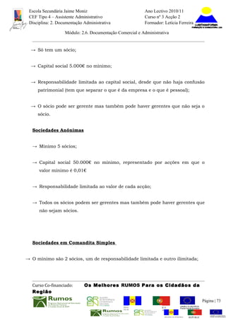Escola Secundária Jaime Moniz                                    Ano Lectivo 2010/11
 CEF Tipo 4 – Assistente Administrativo                           Curso nº 3 Acção 2
 Disciplina: 2. Documentação Administrativa                       Formador: Letícia Ferreira

                   Módulo: 2.6. Documentação Comercial e Administrativa


  → Só tem um sócio;


  → Capital social 5.000€ no mínimo;


  → Responsabilidade limitada ao capital social, desde que não haja confusão
     patrimonial (tem que separar o que é da empresa e o que é pessoal);


  → O sócio pode ser gerente mas também pode haver gerentes que não seja o
     sócio.


  Sociedades Anónimas


  → Mínimo 5 sócios;


  → Capital social 50.000€ no mínimo, representado por acções em que o
      valor mínimo é 0,01€


  → Responsabilidade limitada ao valor de cada acção;


  → Todos os sócios podem ser gerentes mas também pode haver gerentes que
      não sejam sócios.




  Sociedades em Comandita Simples


→ O mínimo são 2 sócios, um de responsabilidade limitada e outro ilimitada;




  Curso Co-financiado:       Os Melhores RUMOS Para os Cidadãos da
  Região
                                                                                                          Página | 73
                                                REGIÃO AUTÓNOMA       REPÚBLICA
                                                DA MADEIRA            PORTUGUESA


                                                                             REGIÃO AUTÓNOMA   REPÚBLIC
 