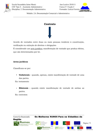Escola Secundária Jaime Moniz                                     Ano Lectivo 2010/11
CEF Tipo 4 – Assistente Administrativo                            Curso nº 3 Acção 2
Disciplina: 2. Documentação Administrativa                        Formador: Letícia Ferreira

                   Módulo: 2.6. Documentação Comercial e Administrativa




                                        Contrato




 Acordo de vontades entre duas ou mais pessoas tendente à constituição,
 verificação ou extinção de direitos e obrigações
 É considerado um acto jurídico: manifestação de vontade que produz efeitos,
 que são determinados por lei.




 Actos jurídicos


 Classificam-se por:


     •   Unilaterais – quando, apenas, existe manifestação de vontade de uma
         das partes.
   Ex: testamento


     •   Bilaterais - quando existe manifestação de vontade de ambas as
         partes.
   Ex: contratos




 Curso Co-financiado:       Os Melhores RUMOS Para os Cidadãos da
 Região
                                                                                                          Página | 73
                                                REGIÃO AUTÓNOMA       REPÚBLICA
                                                DA MADEIRA            PORTUGUESA


                                                                             REGIÃO AUTÓNOMA   REPÚBLIC
 