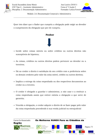 Escola Secundária Jaime Moniz                                    Ano Lectivo 2010/11
CEF Tipo 4 – Assistente Administrativo                           Curso nº 3 Acção 2
Disciplina: 2. Documentação Administrativa                       Formador: Letícia Ferreira

                  Módulo: 2.6. Documentação Comercial e Administrativa




 Quer isto dizer que o fiador que cumpriu a obrigação pode exigir ao devedor
 o cumprimento da obrigação que por ele cumpriu.


                                         Penhor




→ Incide sobre coisas móveis ou sobre créditos ou outros direitos não
    susceptíveis de hipoteca;


→ As coisas, créditos ou outros direitos podem pertencer ao devedor ou a
    terceiros;


→ Dá ao credor o direito à satisfação do seu crédito com a preferência sobre
    os demais credores pelo valor da coisa móvel, crédito ou outros direitos;


→ Implica a entrega da coisa empenhada ou dos respectivos documentos ao
    credor ou a terceiro;


→ O credor é obrigado a guardar e administrar, a não usar e a restituir a
    coisa empenhada assim que estiver extinta a obrigação a que serve de
    garantia;


→ Vencida a obrigação, o credor adquire o direito de se fazer pagar pelo valor
    da coisa empenhada procedendo à sua venda judicial ou extrajudicial




 Curso Co-financiado:       Os Melhores RUMOS Para os Cidadãos da
 Região
                                                                                                         Página | 73
                                               REGIÃO AUTÓNOMA       REPÚBLICA
                                               DA MADEIRA            PORTUGUESA


                                                                            REGIÃO AUTÓNOMA   REPÚBLIC
 