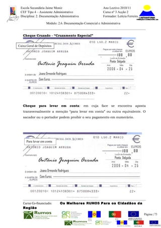 Escola Secundária Jaime Moniz                                     Ano Lectivo 2010/11
 CEF Tipo 4 – Assistente Administrativo                            Curso nº 3 Acção 2
 Disciplina: 2. Documentação Administrativa                        Formador: Letícia Ferreira

                    Módulo: 2.6. Documentação Comercial e Administrativa


   Cheque Cruzado - “Cruzamento Especial”


Caixa Geral de Depósitos




   Cheque     para    levar   em    conta:    em    cuja           face    se    encontra          aposta
   transversalmente a menção “para levar em conta” ou outra equivalente. O
   sacador ou o portador podem proibir o seu pagamento em numerário.




     Para levar em conta




   Curso Co-financiado:       Os Melhores RUMOS Para os Cidadãos da
   Região
                                                                                                              Página | 73
                                                 REGIÃO AUTÓNOMA          REPÚBLICA
                                                 DA MADEIRA               PORTUGUESA


                                                                                 REGIÃO AUTÓNOMA   REPÚBLIC
 