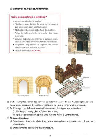 10
3) Elementos daArquiteturaRomânica:
a) Os Monumentos Românicos serviam de recolhimento e defesa da população, por isso
tinham uma aparência de solidez e resistência e as janelas eram muito pequenas.
b) Em Portugal o estilo Românico manifestou-seem dois tipos de construções:
i) Sés: Braga, Lamego, Porto Coimbra e Lisboa;
ii) Igrejas Pequenas comapenas uma Naveno Norte e Centro do País.
4) Pinturae Escultura:
a) Contavam a história da bíblia. Funcionavam como livro de imagem para o Povo, que
não sabia ler.
b) Eram elemento decorativo da arquitectura.
 