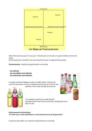 A Bel, fabricante do queijo “A vaca que ri” decidiu pôr no mercado um queijo fundido em forma de 
cubos. 
Decidiu posicionar o produto mais como aperitivo do que no segmento dos queijos. 
Posicionamento - Modo de atuação distinto no mercado 
- Ser distinto 
- Ser percebido como distinto 
- Ser valorizado como distinto 
A imagem da Pedras Salgadas mudou em 2003. Dado o interesse da 
marca em posicionar-se mais no segmento jovem teve se se tornar mais 
apelativa e criar novas atitudes de consumo. 
“Um estado de espírito em estado líquido”. 
Sensação de bem estar físico e emocional, distinguindo-se da 
lipton ice tea. 
Posicionamento da Rolls Royce 
“É o mais caro, o mais confortável e o mais luxuoso dos carros de gama alta.” 
A empresa deve definir um modo de atuação distinto no mercado: 
 