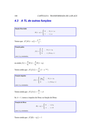 188                                 ´
                                 CAPITULO 4. TRANSFORMADA DE LAPLACE

                      ¸˜
4.3 A TL de outras funcoes

   ¸˜
funcao Heaviside                         
                                          0       , 0≤t <a
                             U (t − a) =
                                          1       , t≥a


                                 e−as
Temos que: L {U (t − a)} =            .
                                  s

   ¸˜
Funcao pulso                         
                                      A
                                               , 0 ≤ t < t0
                             f (t) =   t0
                                     
                                      0        , t ≤ 0 e t0 < t

com A,t0 constantes,


                   A         A
ou ainda f (t) =      U (t) − U (t − t0 ).
                   t0        t0

                                   A
Temos ent˜ o que: L { f (t)} =
         a                             (1 − e−t0 s )
                                  t0 s

   ¸˜
Funcao impulso                     
                                    lim A
                                   
                                                  , 0 ≤ t < t0
                           f (t) =   t0 →0 t0
                                   
                                    0            , t ≤ 0 e t0 < t
com A,t0 constantes.


                                  As
Temos ainda que: L { f (t)} =        =A
                                  s

Se A = 1, temos o impulso de Dirac ou funcao de Dirac:
                                         ¸˜

   ¸˜
Funcao de Dirac                              
                                              0 , t =t
                                                       0
                               δ (t − t0 ) =
                                              ∞ , t=0

com A,t0 constantes.



Temos ainda que: L {δ (t − t0)} = 1
 