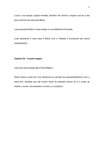 28




Lucas e sua equipe, equipe amarela, decidem dar premio a equipe azul do Luisa

para o término da casa para Maria.



Luisa apresenta Maria a seus amigos e a sua Madrinha Fernanda.



Luisa apresenta a nova casa a Maria, Eva e Piedade e concluindo seu sonho

empreendedor.




Capítulo 56 – A ponte mágica



Luisa leva seus amigos até a Ponte Mágica.



Neste trecho o autor faz uma referencia ao conceito de empreendedorismo com a

frase final “Aqueles que não tinham medo de descobrir dentro de si o poder de

realizar o sonho, reinventando o mundo e a si próprios”.
 