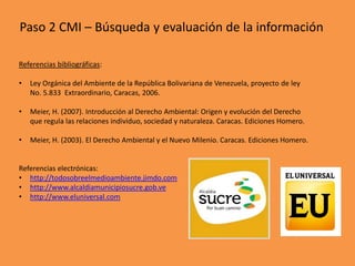 Paso 2 CMI – Búsqueda y evaluación de la información
Referencias bibliográficas:
•

Ley Orgánica del Ambiente de la República Bolivariana de Venezuela, proyecto de ley
No. 5.833 Extraordinario, Caracas, 2006.

•

Meier, H. (2007). Introducción al Derecho Ambiental: Origen y evolución del Derecho
que regula las relaciones individuo, sociedad y naturaleza. Caracas. Ediciones Homero.

•

Meier, H. (2003). El Derecho Ambiental y el Nuevo Milenio. Caracas. Ediciones Homero.

Referencias electrónicas:
• http://todosobreelmedioambiente.jimdo.com
• http://www.alcaldiamunicipiosucre.gob.ve
• http://www.eluniversal.com

 