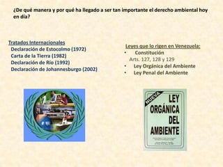 ¿De qué manera y por qué ha llegado a ser tan importante el derecho ambiental hoy
en día?

Tratados Internacionales
Declaración de Estocolmo (1972)
Carta de la Tierra (1982)
Declaración de Río (1992)
Declaración de Johannesburgo (2002)

Leyes que lo rigen en Venezuela:
•
Constitución
Arts. 127, 128 y 129
• Ley Orgánica del Ambiente
• Ley Penal del Ambiente

 