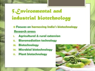 5.Environmental and 
industrial biotechnology 
 Focuses on harnessing India’s biotechnology 
Research areas: 
I. Agricultural & rural extension 
II. Bioremediation technology 
III. Biotechnology 
IV. Microbial biotechnology 
V. Plant biotechnology 
 