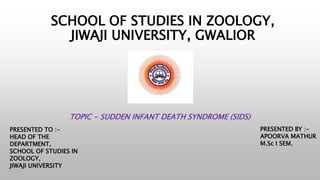SCHOOL OF STUDIES IN ZOOLOGY,
JIWAJI UNIVERSITY, GWALIOR
TOPIC - SUDDEN INFANT DEATH SYNDROME (SIDS)
PRESENTED TO :-
HEAD OF THE
DEPARTMENT,
SCHOOL OF STUDIES IN
ZOOLOGY,
JIWAJI UNIVERSITY
PRESENTED BY :-
APOORVA MATHUR
M.Sc I SEM.
 