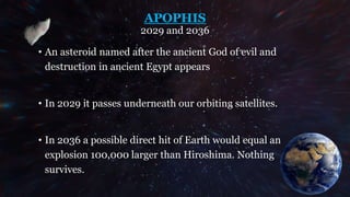 APOPHIS
2029 and 2036
• An asteroid named after the ancient God of evil and
destruction in ancient Egypt appears
• In 2029 it passes underneath our orbiting satellites.
• In 2036 a possible direct hit of Earth would equal an
explosion 100,000 larger than Hiroshima. Nothing
survives.
 