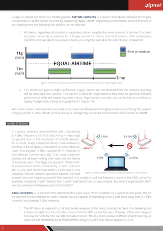 Copyright © 2013, 4ipnet, Inc. All rights reserved. All other trademarks mentioned are the property of their respective owners.2
In today’s wireless environment the unlicensed
2.4 GHz frequency band is becoming increasingly
congested due to the explosion of mobile devices.
As a result, many consumer device manufacturers,
whether it be of laptop computers or smartphones,
have incorporated 5 GHz-capable Wi-Fi chipsets in
their devices. Furthermore, 802.11ac ready consumer
devices are already making their way into the hands
of everyday users. This begs the question: When a Wi-
Fi environment offers connectivity in both 2.4 GHz
and 5 GHz, and clients have both 2.4 GHz and 5 GHz
capability, how do network operators balance the load
between the two frequency bands? One method is to simply to add the frequency band to the SSID name. For
example, instead of “Hotel”, “Hotel-2.4GHz” and “Hotel-5GHz” can be used instead. But what if organizations don’t
want to advertise the frequency band in the SSID?
BAND STEERING is a function that addresses this exact issue. When enabled on a 4ipnet access point, the AP
will use one of two methods to “steer” clients that are capable of operating in the 5 GHz band away from 2.4 GHz
networks and towards 5 GHz networks.
1. The AP does not respond to 2.4 GHz probe requests of the client, tricking the client into believing that
it does not exist. For the user, this means that the SSID cannot be seen. However, if the user happens
to know the SSID, he/she can still manually connect. This is a more passive method of Band Steering, as
users will not completely be prohibited from using 2.4 GHz if their device supports 5 GHz.
BAND STEERING
Luckily, on 4ipnet APs there is a middle ground. AIRTIME FAIRNESS is a feature that allows networks to mitigate
the decrease in performance incurred by supporting legacy clients. Depending on the needs and preferences of
each deployment, the following two options can be selected:
1. All clients, regardless of standards supported, obtain roughly the same amount of airtime. If a client
occupies the wireless medium for a longer period of time in one transmission, then subsequent
transmissions are placed on a lower priority, ensuring that overall airtime distribution is balanced.
2. 11n clients are given a slight preference. Legacy clients are not blocked from the network, but they
will be allocated less airtime. This option is ideal for organizations that wish to optimize network
performance while still supporting older clients. Organizations can also use this feature as a method to
slightly “nudge” older clients to migrate from 11b/g to 11n.
With either option, administrators are able to increase overall network throughput without sacrificing the support
of legacy clients. Further details on how priority is managed by the AP will be described in the section on WMM.
11g
client
11n
client
EQUAL AIRTIME
Time
=Time on medium
2.4 GHz
2.4 GHz
5 GHz
5 GHz
4ipnet AP4ipnet AP
Figure 2: Clients capable of 5 GHz are "steered" towards 5 GHz networks
Figure 1: All clients are allocated equal airtime to prevent starvation due to slower/legacy clients
 