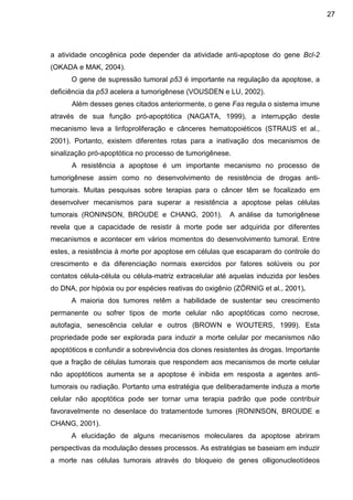 27

a atividade oncogênica pode depender da atividade anti-apoptose do gene Bcl-2
(OKADA e MAK, 2004).
O gene de supressão tumoral p53 é importante na regulação da apoptose, a
deficiência da p53 acelera a tumorigênese (VOUSDEN e LU, 2002).
Além desses genes citados anteriormente, o gene Fas regula o sistema imune
através de sua função pró-apoptótica (NAGATA, 1999), a interrupção deste
mecanismo leva a linfoproliferação e cânceres hematopoiéticos (STRAUS et al.,
2001). Portanto, existem diferentes rotas para a inativação dos mecanismos de
sinalização pró-apoptótica no processo de tumorigênese.
A resistência a apoptose é um importante mecanismo no processo de
tumorigênese assim como no desenvolvimento de resistência de drogas antitumorais. Muitas pesquisas sobre terapias para o câncer têm se focalizado em
desenvolver mecanismos para superar a resistência a apoptose pelas células
tumorais (RONINSON, BROUDE e CHANG, 2001).

A análise da tumorigênese

revela que a capacidade de resistir à morte pode ser adquirida por diferentes
mecanismos e acontecer em vários momentos do desenvolvimento tumoral. Entre
estes, a resistência à morte por apoptose em células que escaparam do controle do
crescimento e da diferenciação normais exercidos por fatores solúveis ou por
contatos célula-célula ou célula-matriz extracelular até aquelas induzida por lesões
do DNA, por hipóxia ou por espécies reativas do oxigênio (ZÖRNIG et al., 2001).
A maioria dos tumores retêm a habilidade de sustentar seu crescimento
permanente ou sofrer tipos de morte celular não apoptóticas como necrose,
autofagia, senescência celular e outros (BROWN e WOUTERS, 1999). Esta
propriedade pode ser explorada para induzir a morte celular por mecanismos não
apoptóticos e confundir a sobrevivência dos clones resistentes às drogas. Importante
que a fração de células tumorais que respondem aos mecanismos de morte celular
não apoptóticos aumenta se a apoptose é inibida em resposta a agentes antitumorais ou radiação. Portanto uma estratégia que deliberadamente induza a morte
celular não apoptótica pode ser tornar uma terapia padrão que pode contribuir
favoravelmente no desenlace do tratamentode tumores (RONINSON, BROUDE e
CHANG, 2001).
A elucidação de alguns mecanismos moleculares da apoptose abriram
perspectivas da modulação desses processos. As estratégias se baseiam em induzir
a morte nas células tumorais através do bloqueio de genes olligonucleotídeos

 